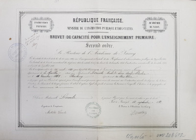 BREVET DE CAPACITE POUR L &amp;#039;ENSEIGNEMENT PRIMAIRE - SECOND ORDRE , ACADEMIE DE NANCY , A MADAME LORENZ MATHILDE , 1882 foto