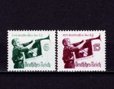 ✅ (S44) Germania Reich 1935 - &quot;Intalnirea Mondiala a membrilor Hitler Jugend&quot; ,serie Mi.584/585 cota 25 Є , rar MNH ( mici spoturi pe prima marca )