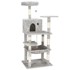 Ansamblu de joaca pentru pisici, cu loc pentru zgariat, ascuns, culcus, minge, sfoara, 145cm, gri Household NewTrend