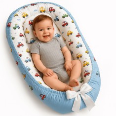 Cosulet Bebelusi pentru Dormit tip Baby Nest, Linomag&reg;, cu Doua Fete, 0-24 Luni, 90x55cm, Husa Bumbac, Confort &amp; Siguranta, Alb/Blue pale