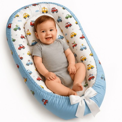 Cosulet Bebelusi pentru Dormit tip Baby Nest, Linomag&amp;reg;, cu Doua Fete, 0-24 Luni, 90x55cm, Husa Bumbac, Confort &amp;amp; Siguranta, Alb/Blue pale foto