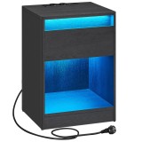VASAGLE Noptiera cu iluminare LED reglabila, prize si porturi USB, sertar si raft, MDF si PAL, 40x35x55 cm, negru