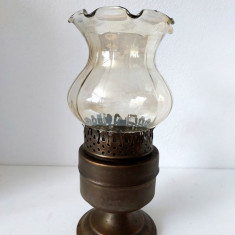 Lampa veche petrol gaz lampant, decor rustic, cu fitil, metal si sticla, 24 cm