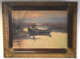 Dumitru Florian Dobosariu - Pescar cu navod in Delta Dunarii / Navodar - pictura interbelica ulei/carton in rama originala de epoca