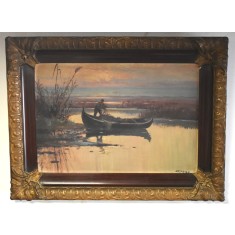 Dimitrie Florian Dobosariu - Pescar cu navod in Delta Dunarii / Navodar - pictura interbelica ulei/carton in rama originala de epoca