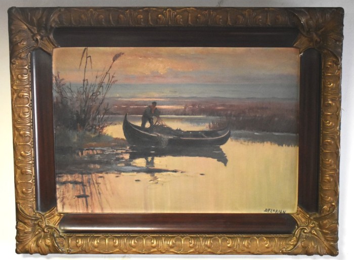 Dumitru Florian Dobosariu - Pescar cu navod in Delta Dunarii / Navodar - pictura interbelica ulei/carton in rama originala de epoca