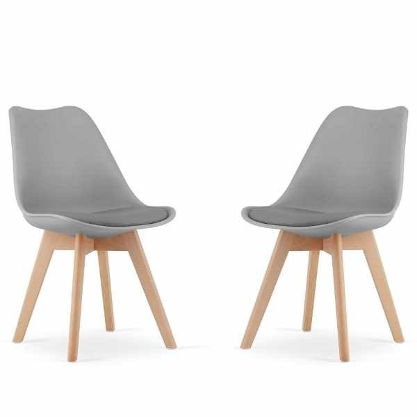 Set 2 Scaune Grosseto, Stil Scandinav cu Picioare din Lemn, Sezut din PP si Perna din Piele Ecologica, Maxim 120 Kg, 49 x 45 x 82 cm, Gri Deschis