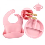 Set hranire bebe din silicon, Darklove, 1 baveta, 1 farfurie compartimentata, 1 bol cu ventuza, lingurita si furculita, cana gustari, cu maner din bam