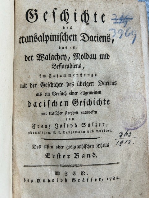 Istoria Daciei Transalpine Sulzer1781 volumul 1 , are 4 hartii atasate, princeps,Exlibris Janos Jozsef