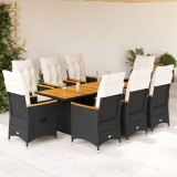 VidaXL Set mobilier de grădină cu perne, 9 piese, negru, poliratan