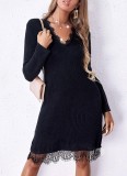Cumpara ieftin Rochie neagra, midi, model striat, accesorizat cu dantela