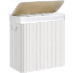 SONGMICS Cos de rufe din bambus, pliabil, cu captuseala detasabila lavabila, 3 compartimente, 150L, 60x40x62cm, alb Household NewTrend