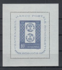 ROMANIA 1958 LP 464 - CENTENARUL MARCII POSTALE ROMANESTI COLITA NESTAMPILATA