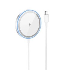 Incarcator Wireless cu MagSafe, HOCO CW53, 15W, Magnetic, conector USB-C, 9V, 2A, Adaptive Charging, Argintiu