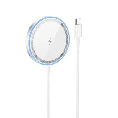Incarcator Wireless cu MagSafe, HOCO CW53, 15W, Magnetic, conector USB-C, 9V, 2A, Adaptive Charging, Argintiu foto