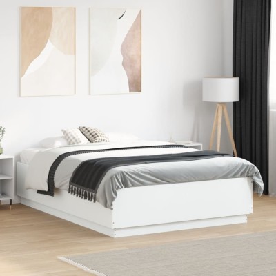 vidaXL Cadru de pat cu lumini LED, alb, 120x190 cm, lemn prelucrat foto