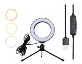 Cumpara ieftin Lampa circulara cu telecomanda, dimensiune reglabila, intrare USB, 3200-5800K, 2A, 6,5W, 5V, 2,5kg, 16cm, negru/alb