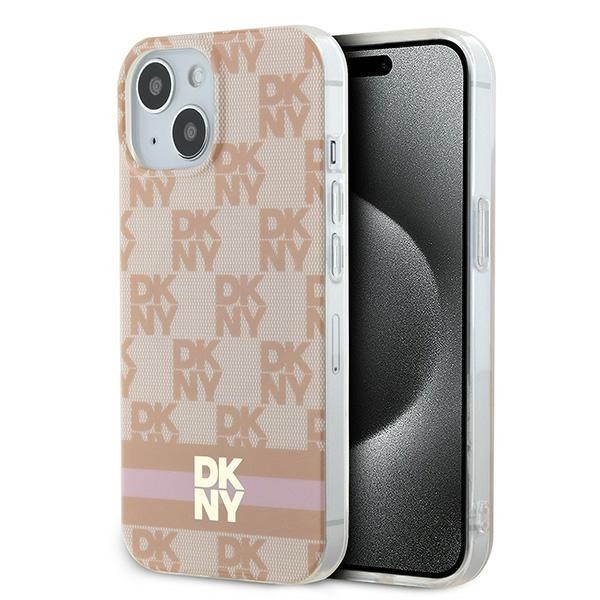 Husa iPhone 15 DKNY IML Checkered Mono Pattern &amp; Printed Stripes MagSafe, roz, DKHMP15SHCPTSP