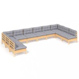 Set mobilier gradina cu perne, 10 piese, gri, lemn masiv pin