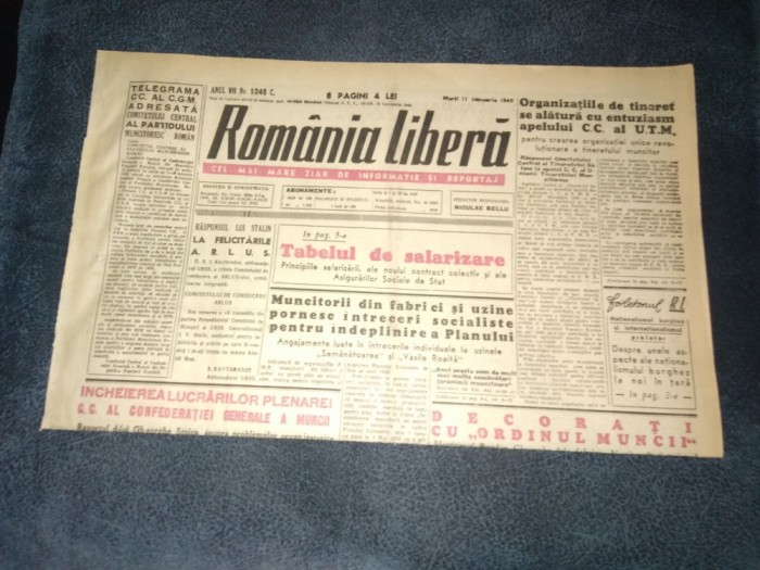 ZIARUL ROMANIA LIBERA 11 IANUARIE 1949