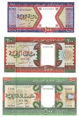 Mauritania Set 100,200,500 2002 P-4,P-5,P-8 Ouguiya UNC foto