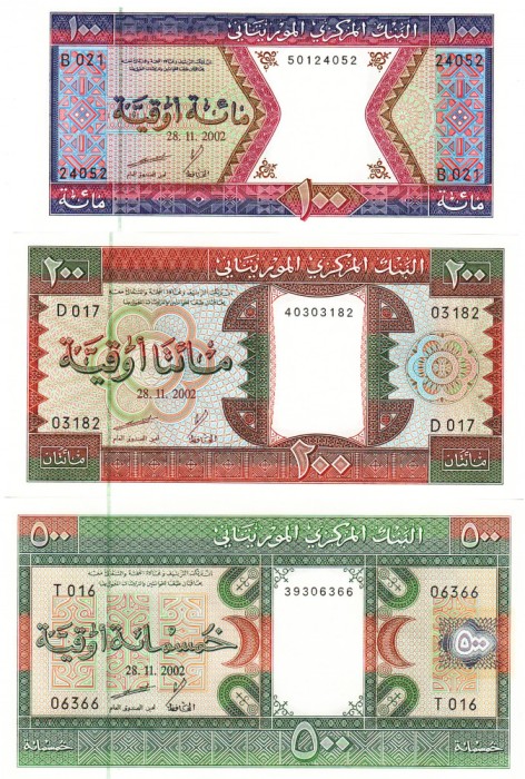 Mauritania Set 100,200,500 2002 P-4,P-5,P-8 Ouguiya UNC