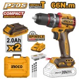 Masina de gaurit bormasina 20 v cu impact 66 nm cu 2 acumulator, 30000 bpm, fara perii, pentru gaurire si insurubare - Ingco CIDLI20668E