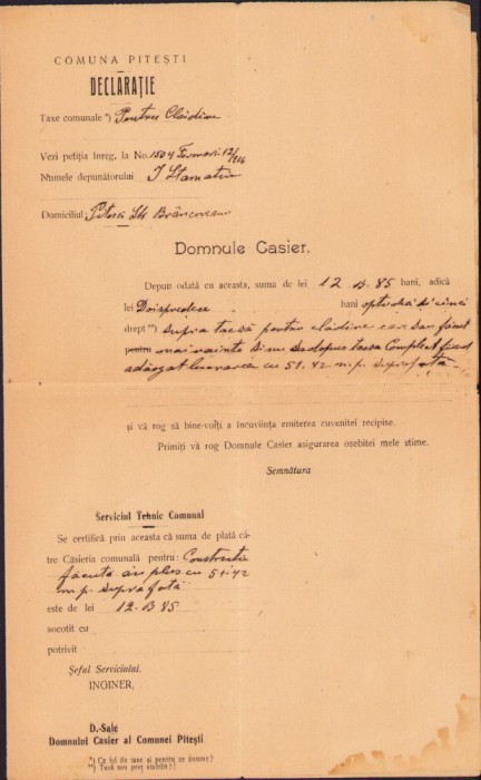 A2656N Declarație taxe comunale, comuna Pitești, 1916