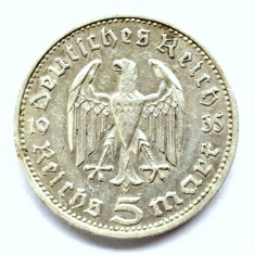 GERMANIA 5 REICHSMARK 1935 D HINDEMBURG ARGINT XF ( CITITI DESCRIEREA )