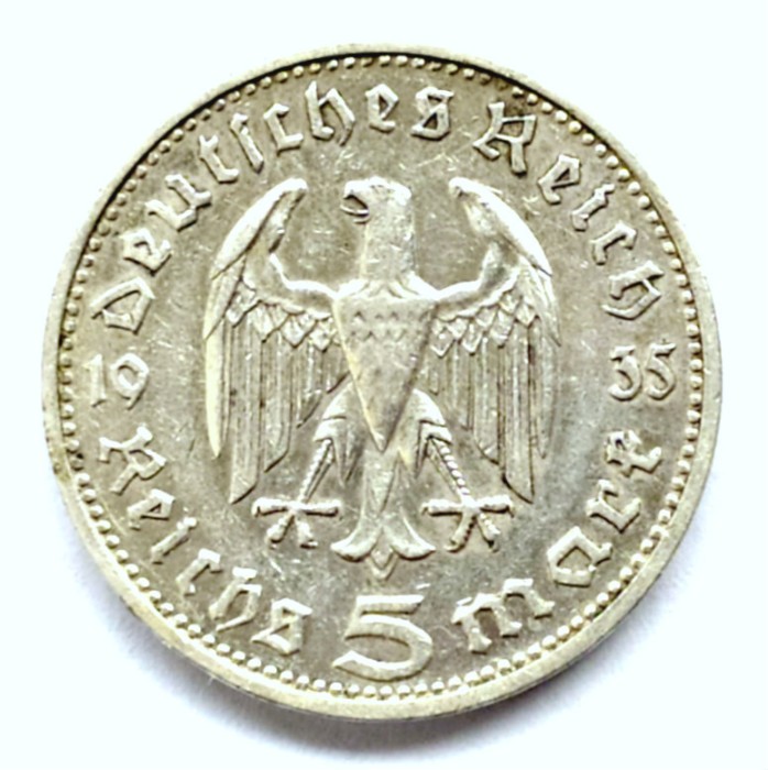 GERMANIA 5 REICHS MARK 1935 D HINDEMBURG ARGINT XF