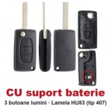 Carcasa cheie briceag Topautochei&amp;#174; 3 butoane lumini, CU suport baterie, lamela HU83, compatibila cu Peugeot 307 308 407 si Citroen C4 C5