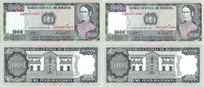 2 &times; 1982 ( 25 VI ) , 1,000 pesos bolivianos ( P-167a.1 ) - Bolivia - stare UNC