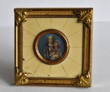 Miniatura catolica pictata manual / elemente din fildes in rama bronz dore - iconita Fecioara Maria - cca.1900
