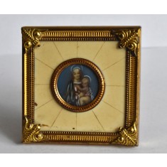 Miniatura catolica pictata manual / elemente din fildes in rama bronz dore - iconita Fecioara Maria - cca.1900