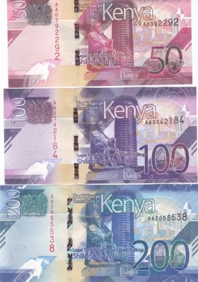 Bancnota Kenya 50, 100 si 200 Shilingi 2019 - PNew UNC ( Set x3 - SERIE NOUA ) foto