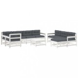 Cumpara ieftin Set mobilier de gradina cu perne, 10 piese, alb, lemn masiv