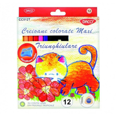 Set 12 Creioane Color DACO Maxi, Ascutitoare Inclusa, Corp din Lemn Triunghiular, 12 Culori Diferite, Set Creioane Colorate, Creioane Colorate, Creioa foto