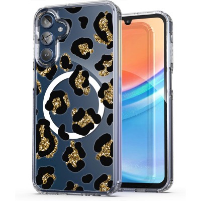 Husa pentru samsung galaxy a15 4g, atasare magnetica, magsafe, leopard gold glitter, clear foto