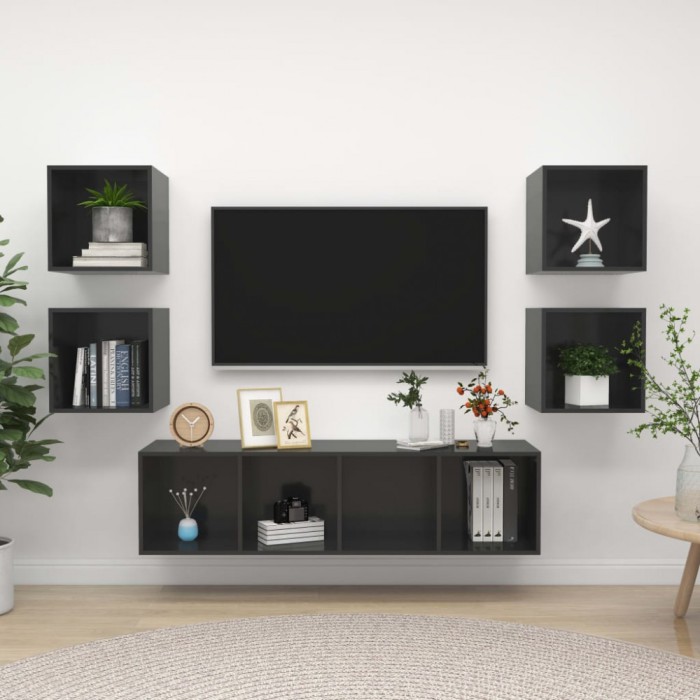 Set dulapuri TV, 5 piese, gri extralucios, lemn prelucrat