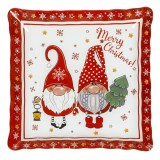 Farfurie Decorativă Crăciun Gnome, Sticlă, 30x30cm, Alb/Roșu