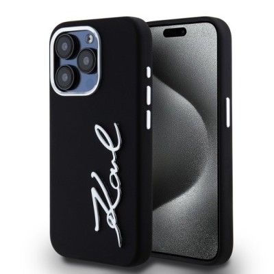 Husa pentru iPhone 15 Pro - Karl Lagerfeld Silicone (KLHCP15LSCMSMVK) - Metal Script Logo foto