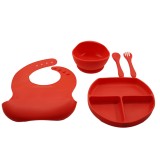 Set 5 piese diversificare bebelusi si copii din silicon flippy, baveta, farfurie compartimentata cu ventuza, bol cu ventuza, tacamuri, fara alergeni,