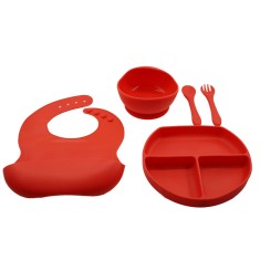 Set 5 piese diversificare bebelusi si copii din silicon, baveta, farfurie cu ventuza, bol cu ventuza, tacamuri, fara alergeni, rosu