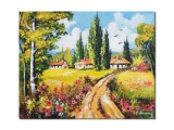 Cumpara ieftin Tablou peisaj rural cu case pictat manual, Oaza de liniste, 50x40cm ulei pe panza, Constantin Feraru