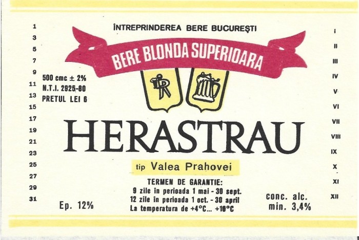 NI483 Etichetă bere superioară Herăstrău, tip Valea Prahovei, &Icirc;ntreprinderea Bere București
