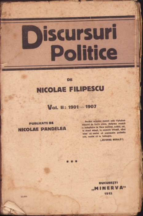 C5205N Discursuri politice, volumul II, 1901-1907, de Nicolae Filipescu 1915