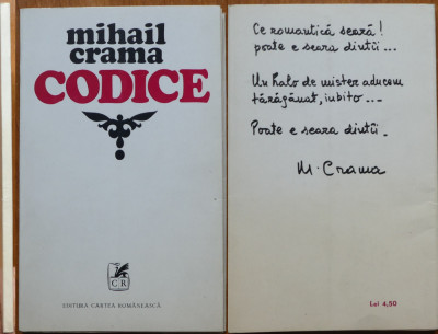 Mihail Crama , Codice , 1974 , editia 1 cu autograf catre George Muntean foto