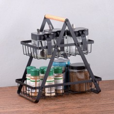 Raft Metalic Organizator, 2 Nivele, M&acirc;ner Lemn, Negru, 30x18x32cm