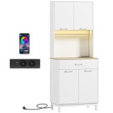 HOMCOM Credență Modernă cu Lumini, Prize USB, 2 Dulapuri și Sertar Alb | Aosom Romania