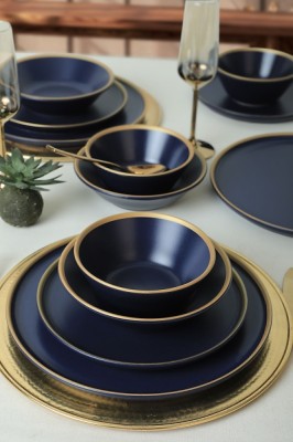 Keramika Set de vesela - Mat Navy Blue/Gold - 24 bucăți - 6 persoane - Stoneware foto